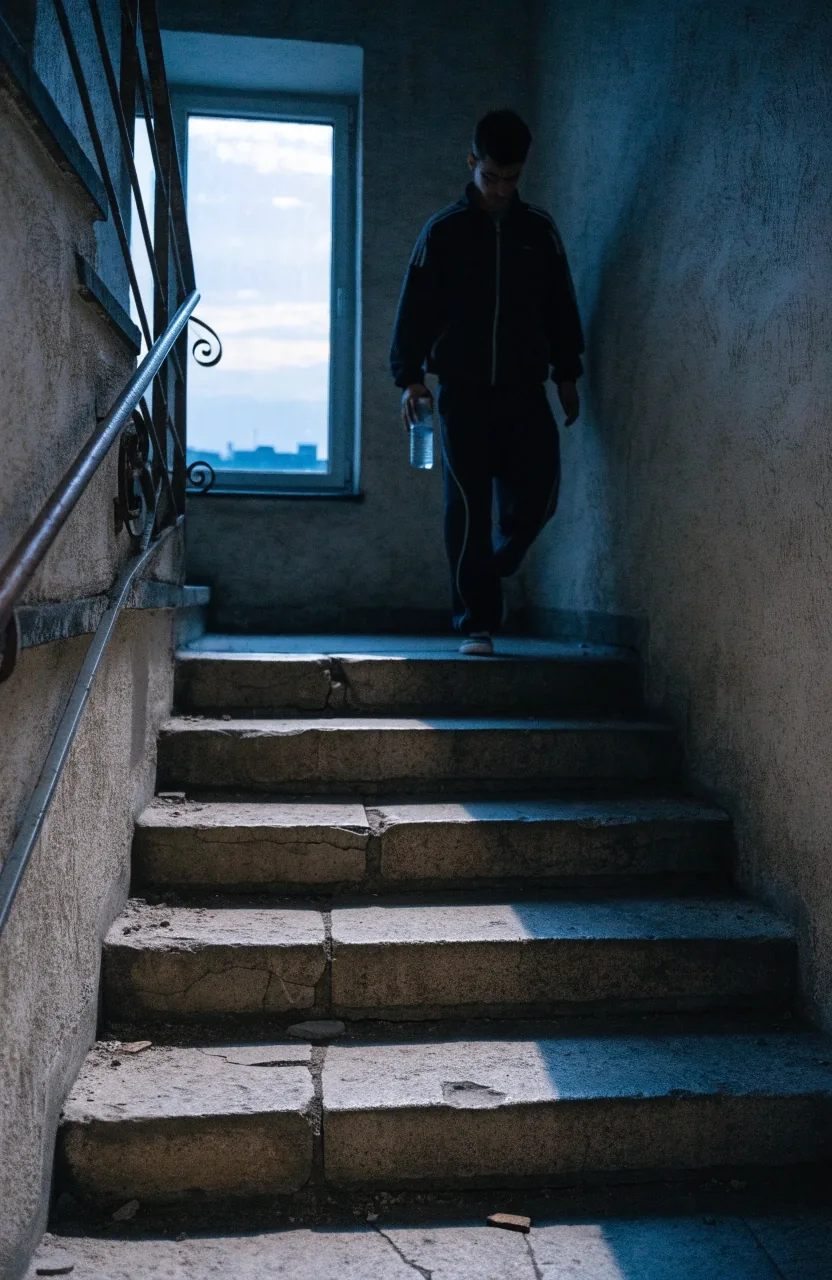Nocne okno kamienicy w deszczu z bursztynowym światłem latarni